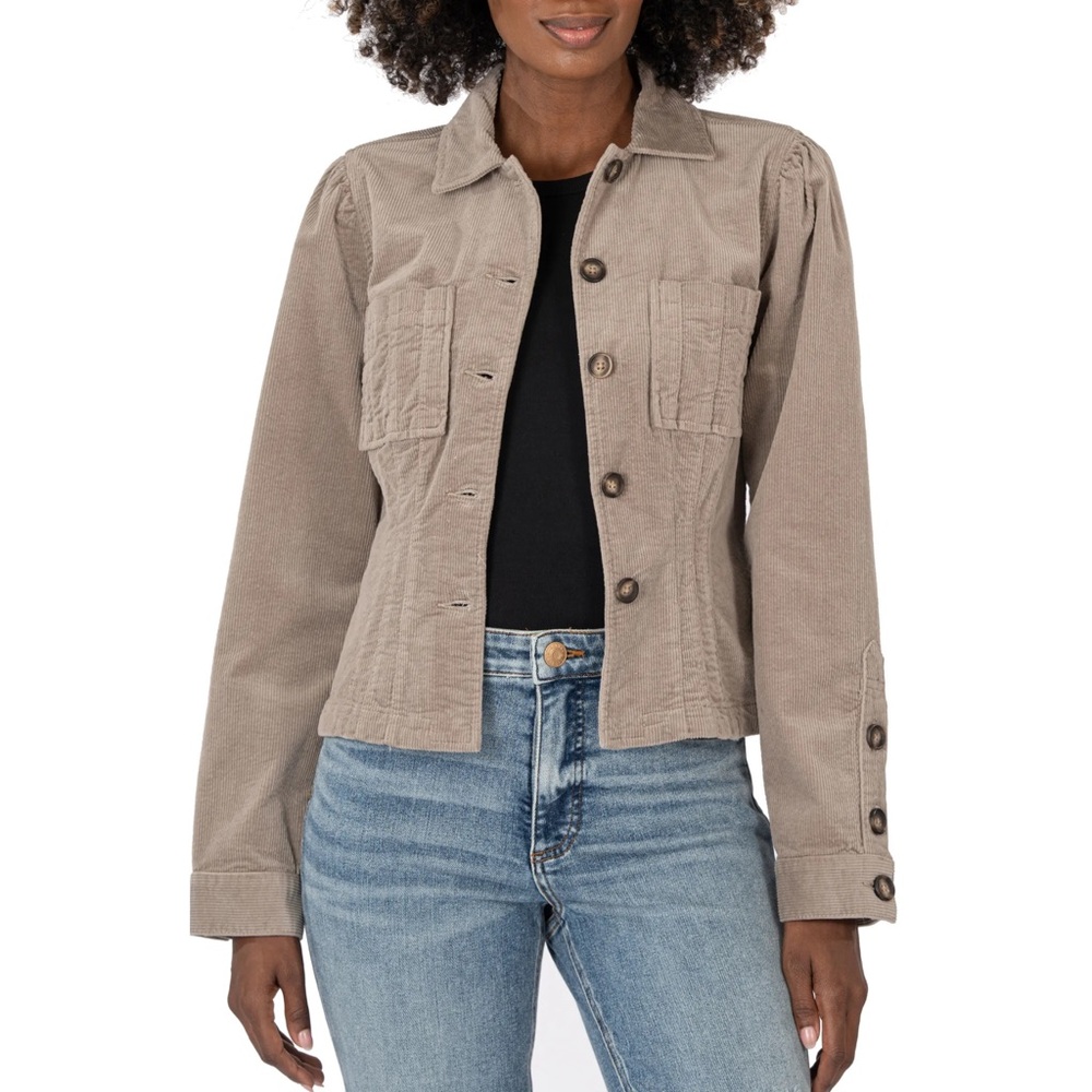 KUT from the Kloth Kyra Stretch Cotton Corduroy Jacket Taupe Brown - L